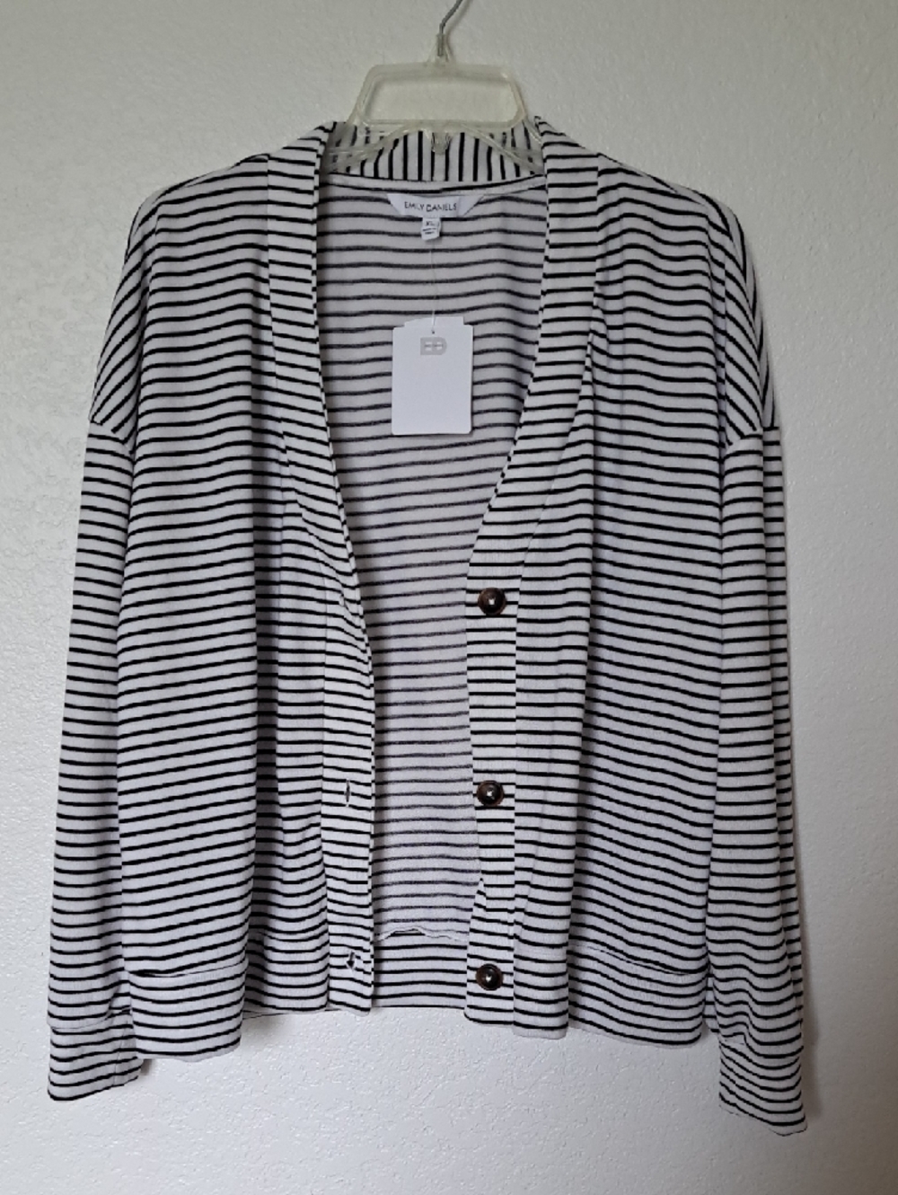 Women's Black & White Striped Button Cardigan Lightweight Knit Emily Daniels